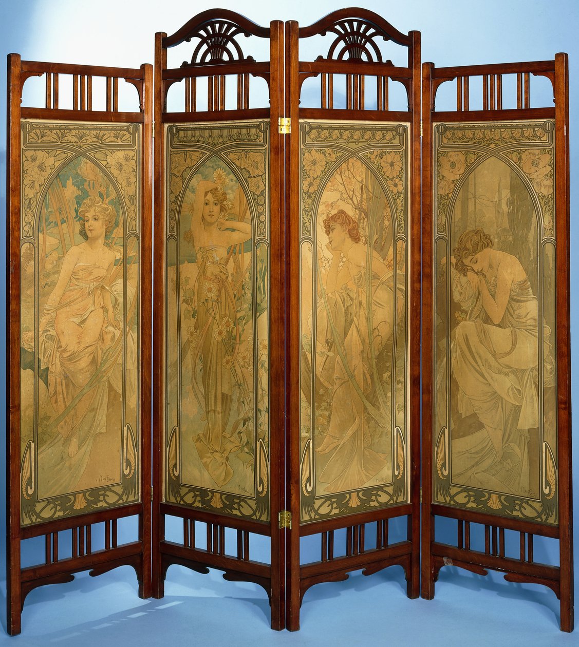 Parawan w stylu secesyjnym, panele ozdobione cyklem „Les Heures du Jour”, w skład którego wchodzą Eveil Matin, Eclat du Jour, Reverie du Soir i Repos de la Nuit, 1899 autorstwa Alphonse Mucha