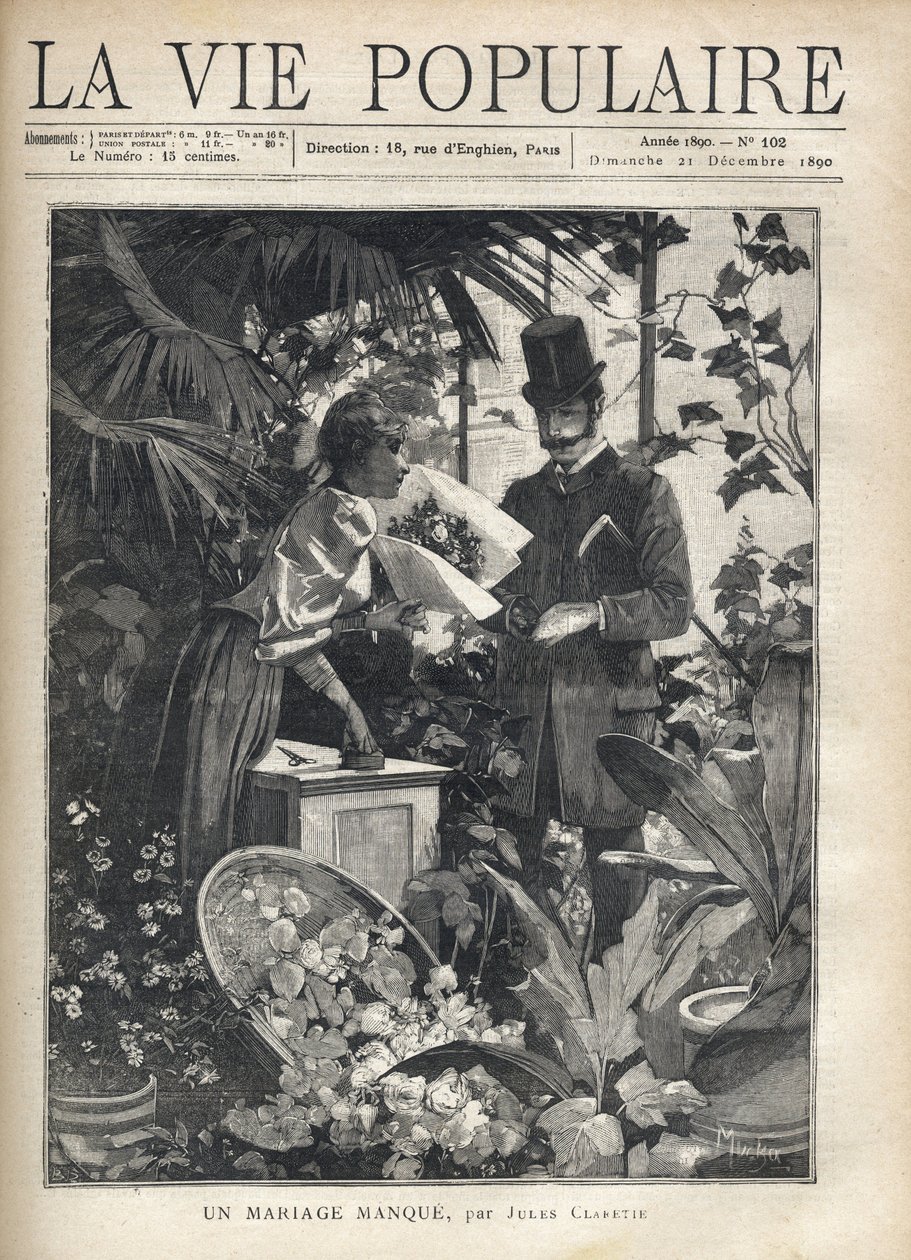 Elegancki mężczyzna kupuje kwiaty w kwiaciarni. Ilustracja Alfonsa Marii Muchy (Alphonse Marie Mucha autorstwa Alphonse Mucha