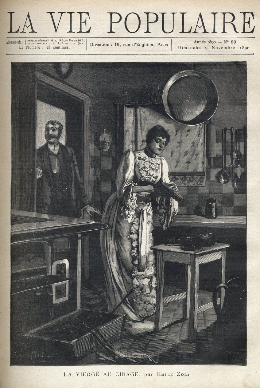 Elegancka kobieta woskuje but w domowej kuchni. Za jej plecami mężczyzna otwiera drzwi. Ilustracja Alfonsa Marii Muchy (Alphonse Marie Mucha autorstwa Alphonse Mucha