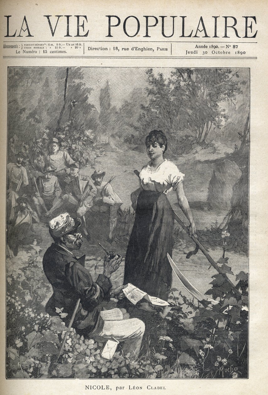 Stary człowiek czyta list do pięknego młodego chłopa trzymającego podróbkę (żniwiarz). Łowcy obserwują scenę w oddali. Ilustracja Alfonsa Marii Muchy (Alphonse Marie Mucha autorstwa Alphonse Mucha