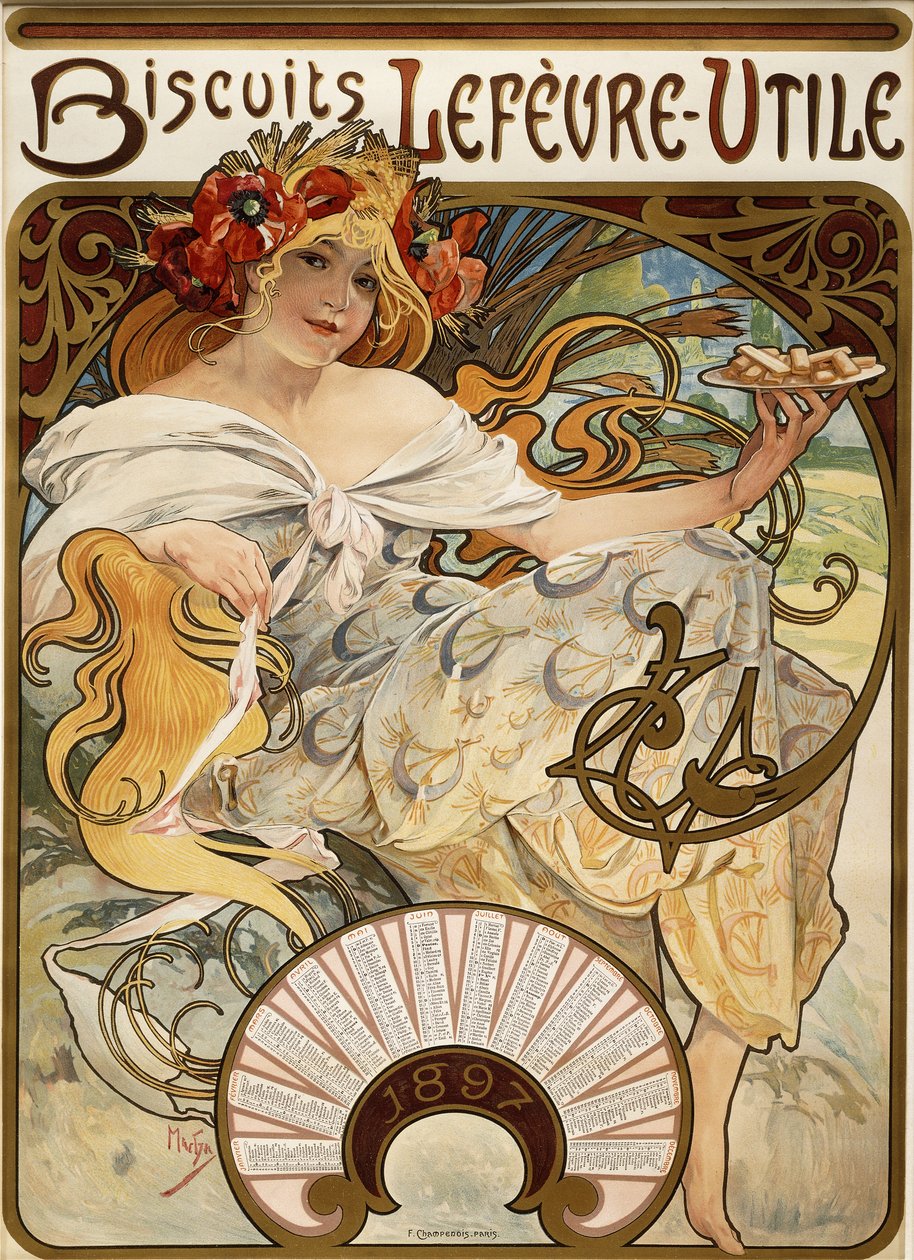 Herbatniki Lefevre-Utile”, zaprojektowany jako kalendarz na lata 1897, 1896 autorstwa Alphonse Mucha