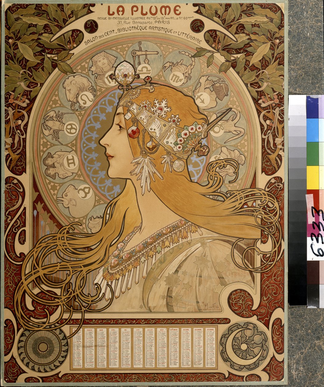 Kalendarz "La Plume", ilustrowany dwumiesięcznik Salon des Cent. Biblioteka artystyczna i literacka. Grafika autorstwa Alfonsa Marii Muchy (Alphonse Marie Mucha autorstwa Alphonse Marie Mucha