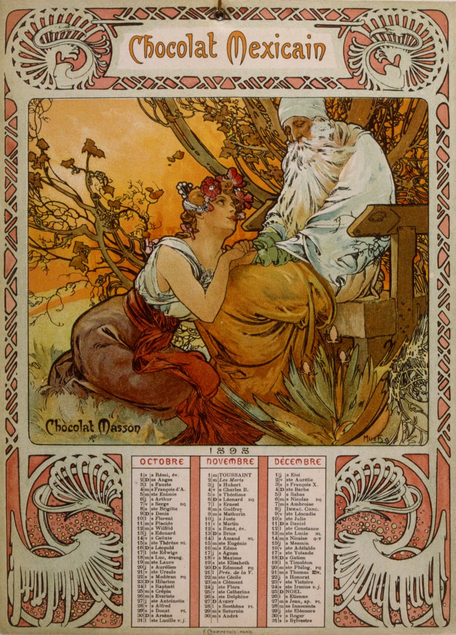 Kalendarz Chocolate Masson ilustrowany przez Muchę (1860 – 1939). czeski malarz secesyjny autorstwa Alphonse Mucha