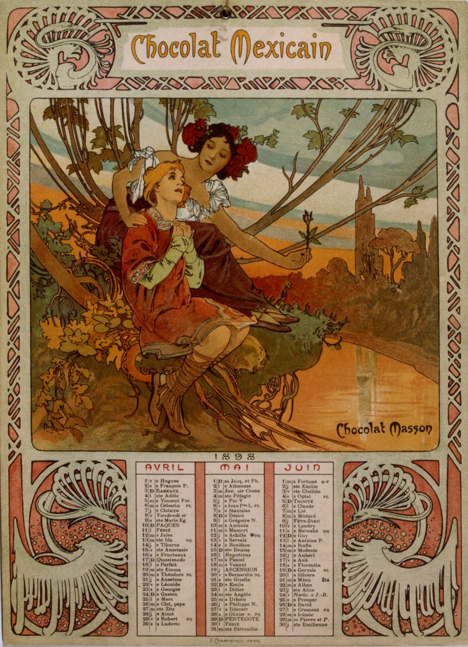 Kalendarz Chocolate Masson ilustrowany przez Muchę (1860 – 1939). czeski malarz secesyjny autorstwa Alphonse Mucha
