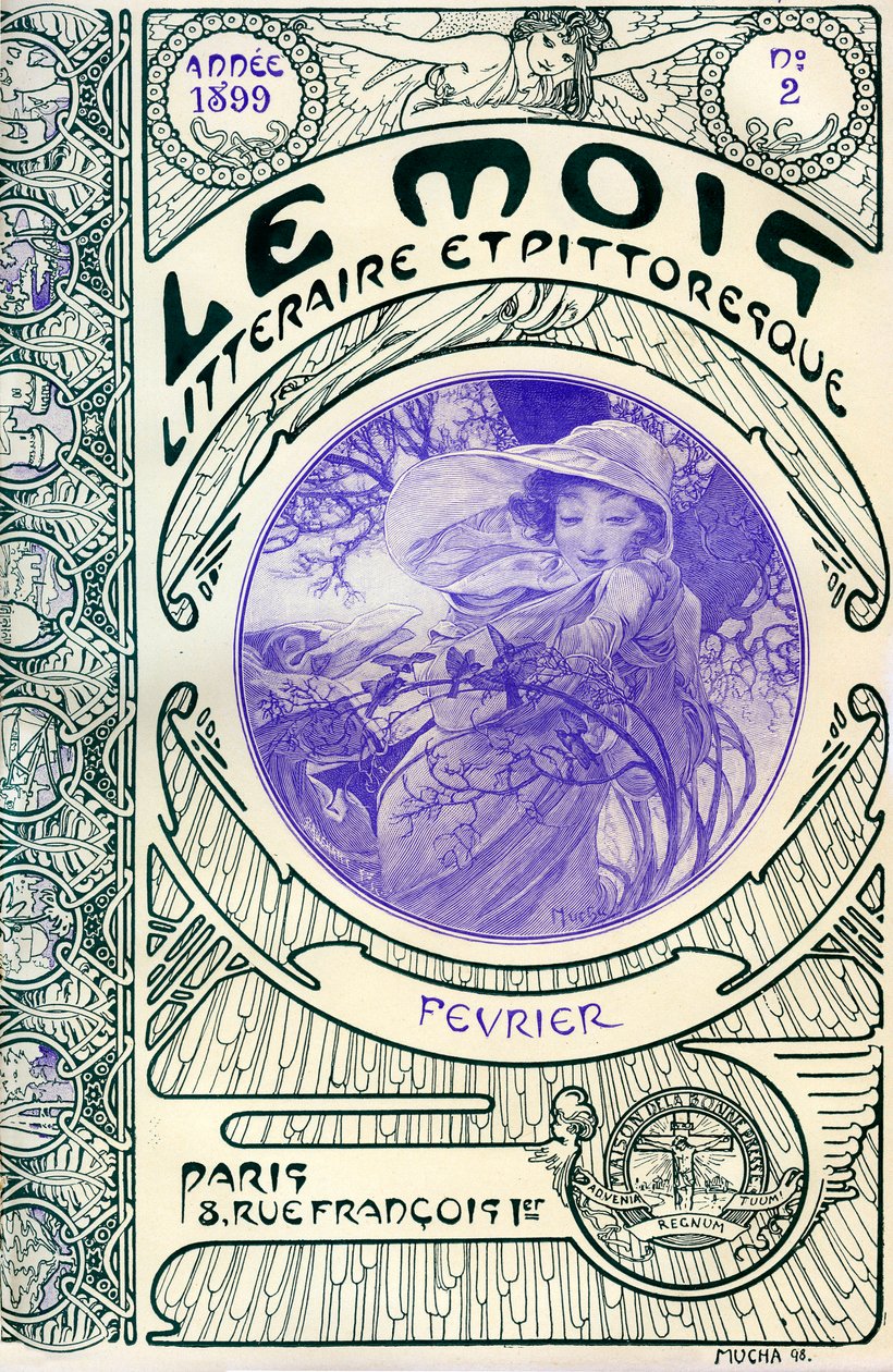 Okładka magazynu (miesięcznika) Le Month litteraire et malownicze autorstwa Alphonse Mucha (1860-1939): miesiąc luty 1899 - Maison de la Bonne Presse - autorstwa Alphonse Mucha