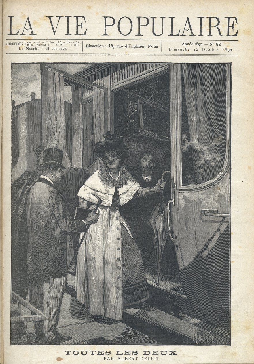 Pożegnanie mężczyzny i kobiety wsiadających do pociągu na peronie dworca. Ilustracja Alfonsa Marii Muchy (Alphonse Marie Mucha autorstwa Alphonse Mucha
