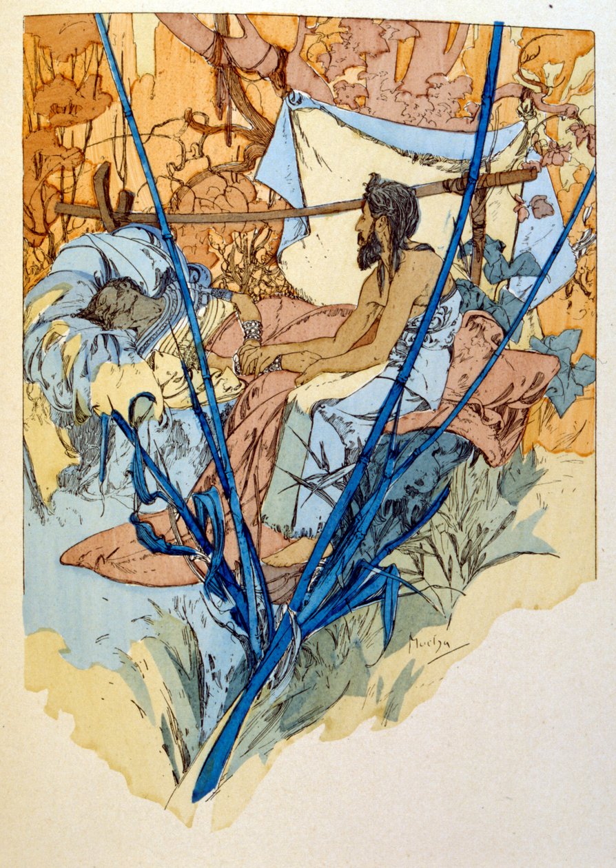 Ilustracja Alfonsa Muchy z „Ramy” poematu Paula Veroli w trzech aktach. ok.1898. Mucha (1860 – 1939). był czeskim malarzem secesyjnym autorstwa Alphonse Mucha