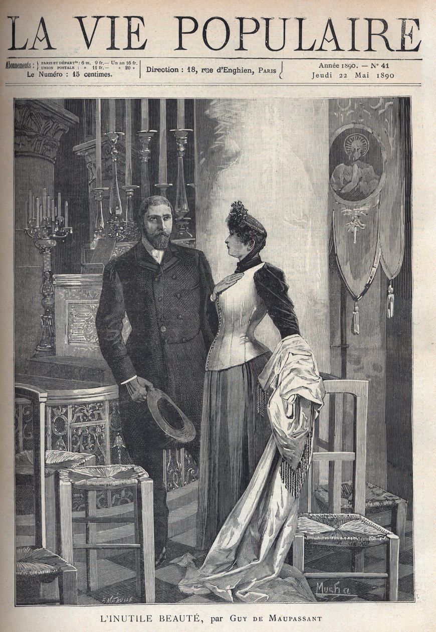 W kościele piękna i elegancka para staje wśród świec i modli się do Boga. Ilustracja Alfonsa Marii Muchy (Alphonse Marie Mucha autorstwa Alphonse Mucha
