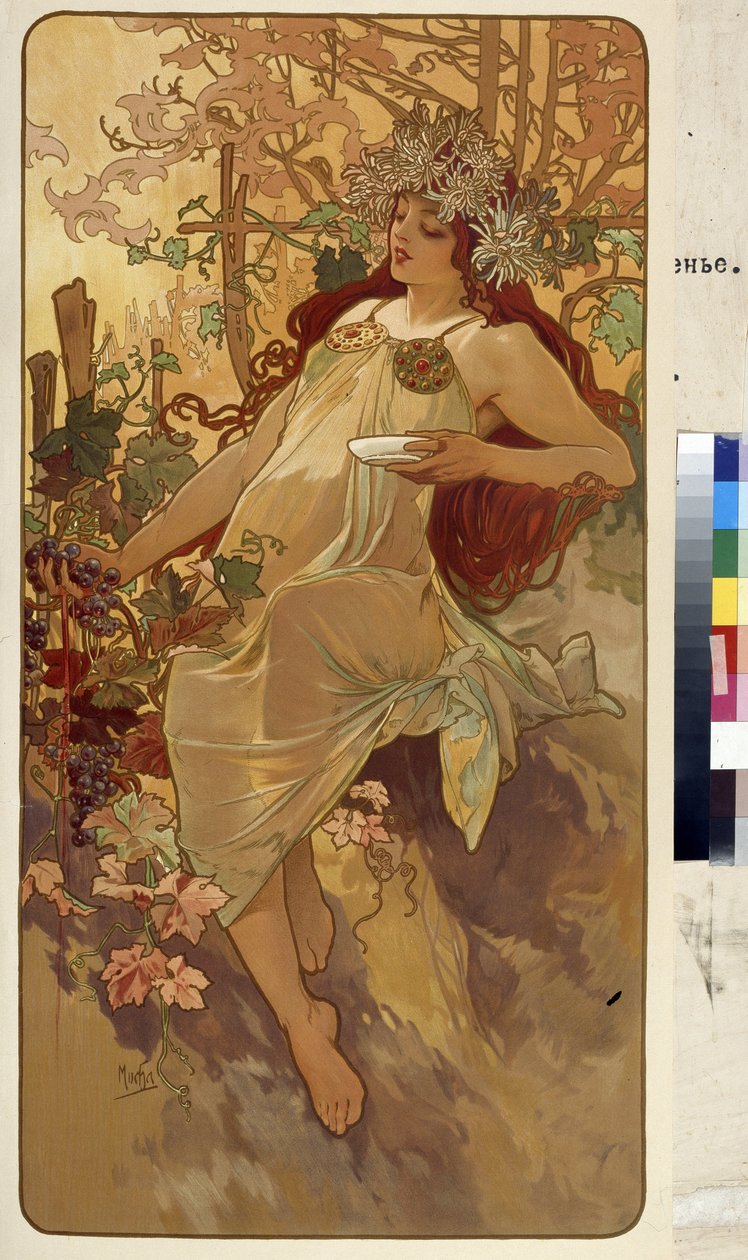 Jesień (Seria alegorii na cztery pory roku). Grafika autorstwa Alfonsa Marii Muchy (Alphonse Marie Mucha autorstwa Alphonse Marie Mucha