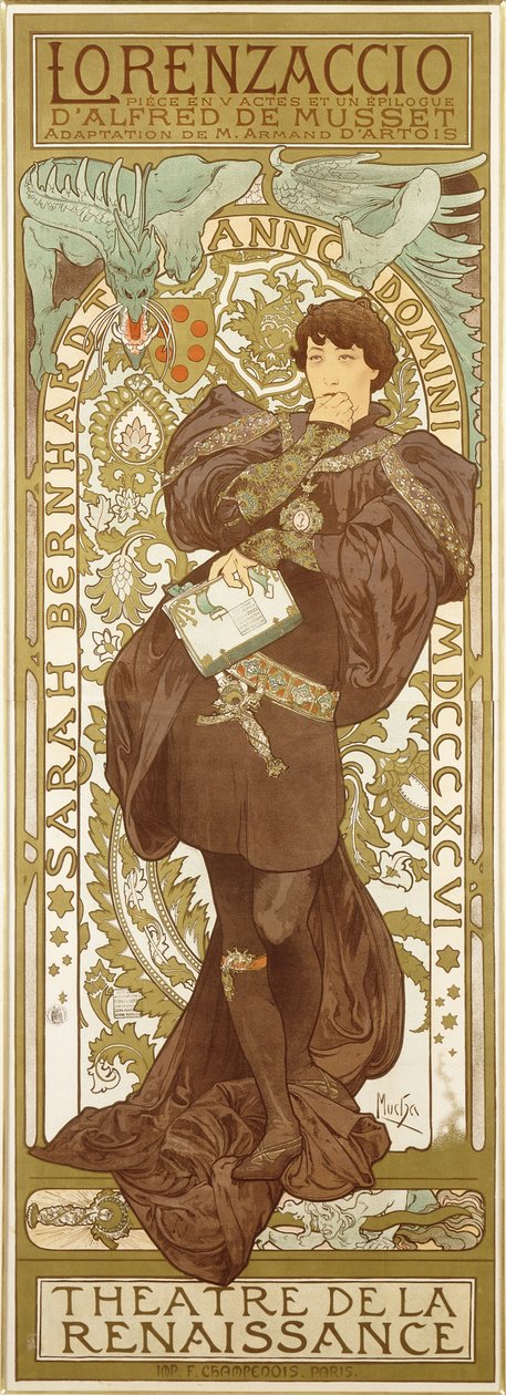 Lorenzaccio, przedstawiający stojącą postać Sarah Bernhardt w roli, 1896 autorstwa Alphonse Mucha