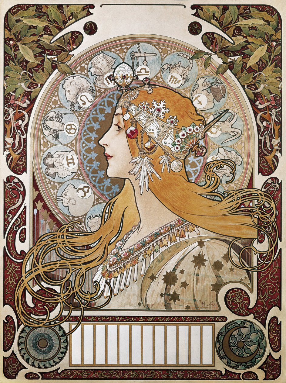MUCHA, Alfons Maria (1860-1939). Zodiak. 1896. (67 x 48 cm). Plakat i kalendarz reklamujący magazyn „La Plume” (Pióro). Modernizm. Litografia autorstwa Alphonse Marie Mucha