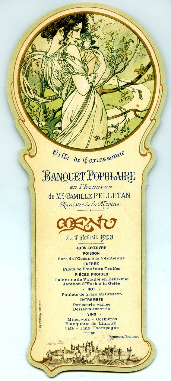 Menu popularnego bankietu zorganizowanego w Carcassonne 7 kwietnia autorstwa Alphonse Mucha
