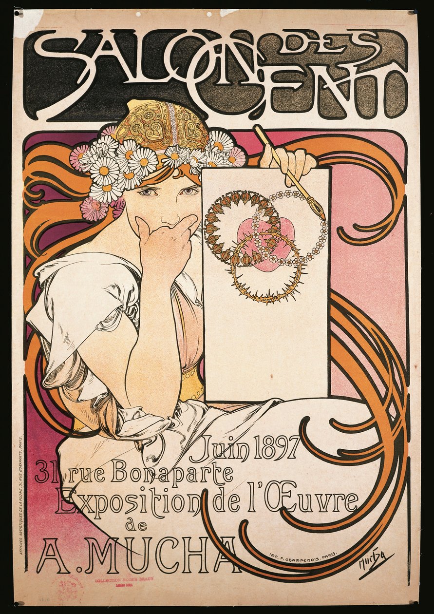 Plakat reklamujący wystawę A. Muchy w Salon des Cent autorstwa Alphonse Marie Mucha