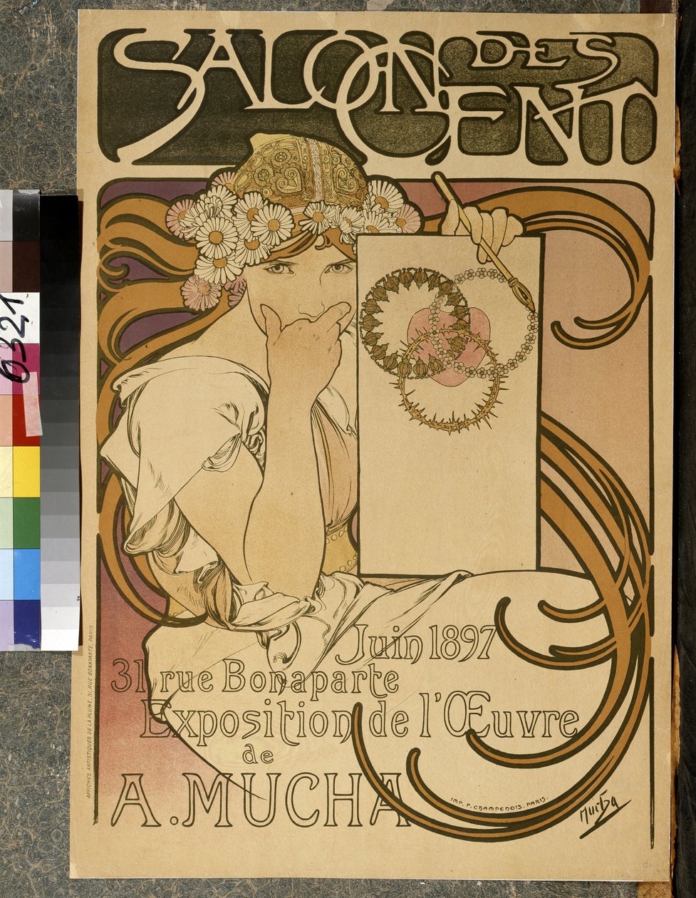 Plakat reklamujący wystawę A. Muchy w Salon des Cent, 31 rue Bonaparte a Paris, czerwiec 1897 (kolor lito) autorstwa Alphonse Mucha
