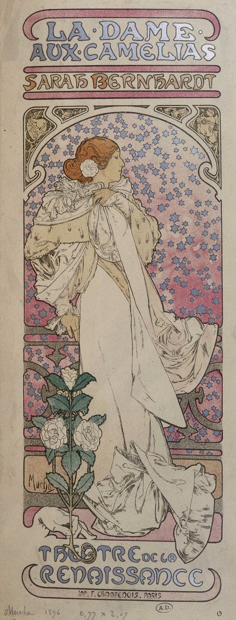 Plakat do „La dame au camélias” w Teatrze Renesansowym z Henriette Rosine Bernard dit Sarah Bernhardt (1844-1923) - autorstwa Muchy autorstwa Alphonse Mucha