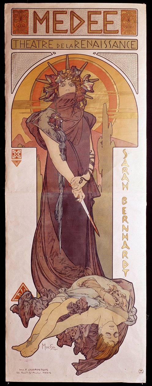 Plakat do „Medee” w wykonaniu Henriette Rosine Bernard dit Sarah Bernhardt (1844-1923) w Teatrze Renesansowym. Ilustracja Alphonse Mucha (1860-1939) Paryż, Sztuka dekoracyjna autorstwa Alphonse Mucha