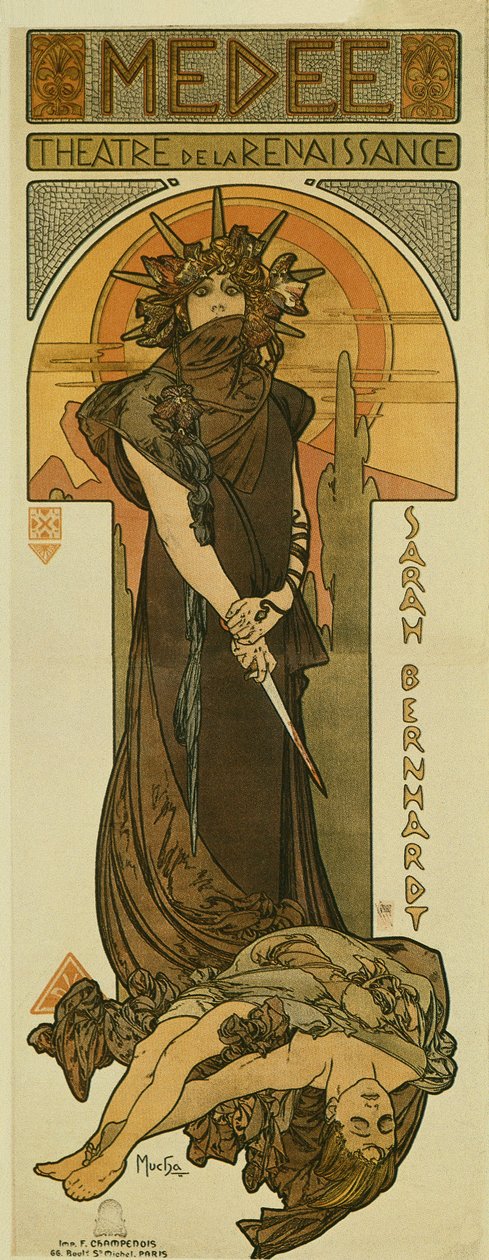 Sarah Bernhardt jako Medee w Teatrze Renesansowym. 1898 (litografia) autorstwa Alphonse Mucha