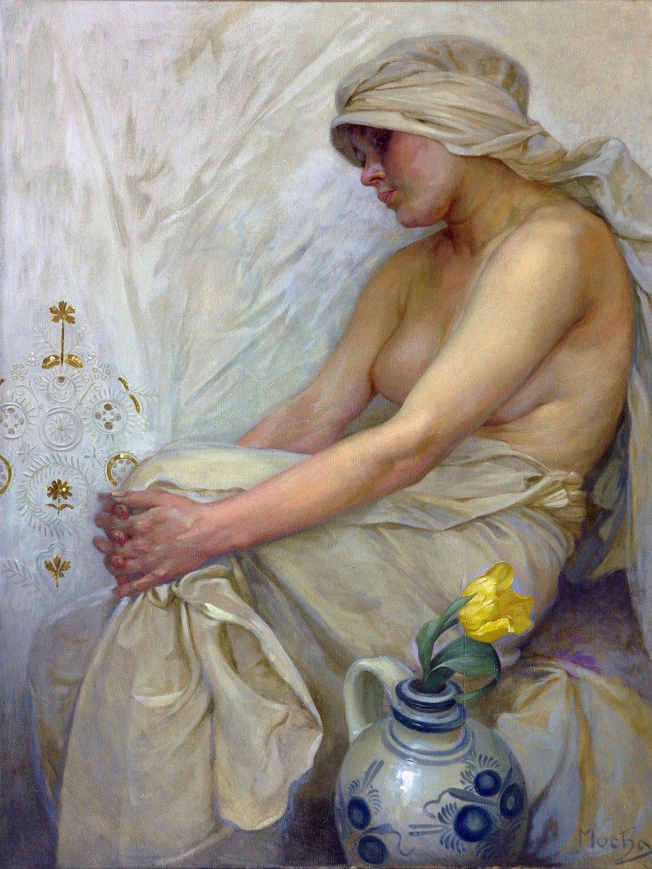Siedząca dziewczyna par Mucha, Alfons Marie (1860-1939), ok. godz. 1914 - Tempera na płótnie, 80x60 - Kolekcja prywatna autorstwa Alphonse Mucha