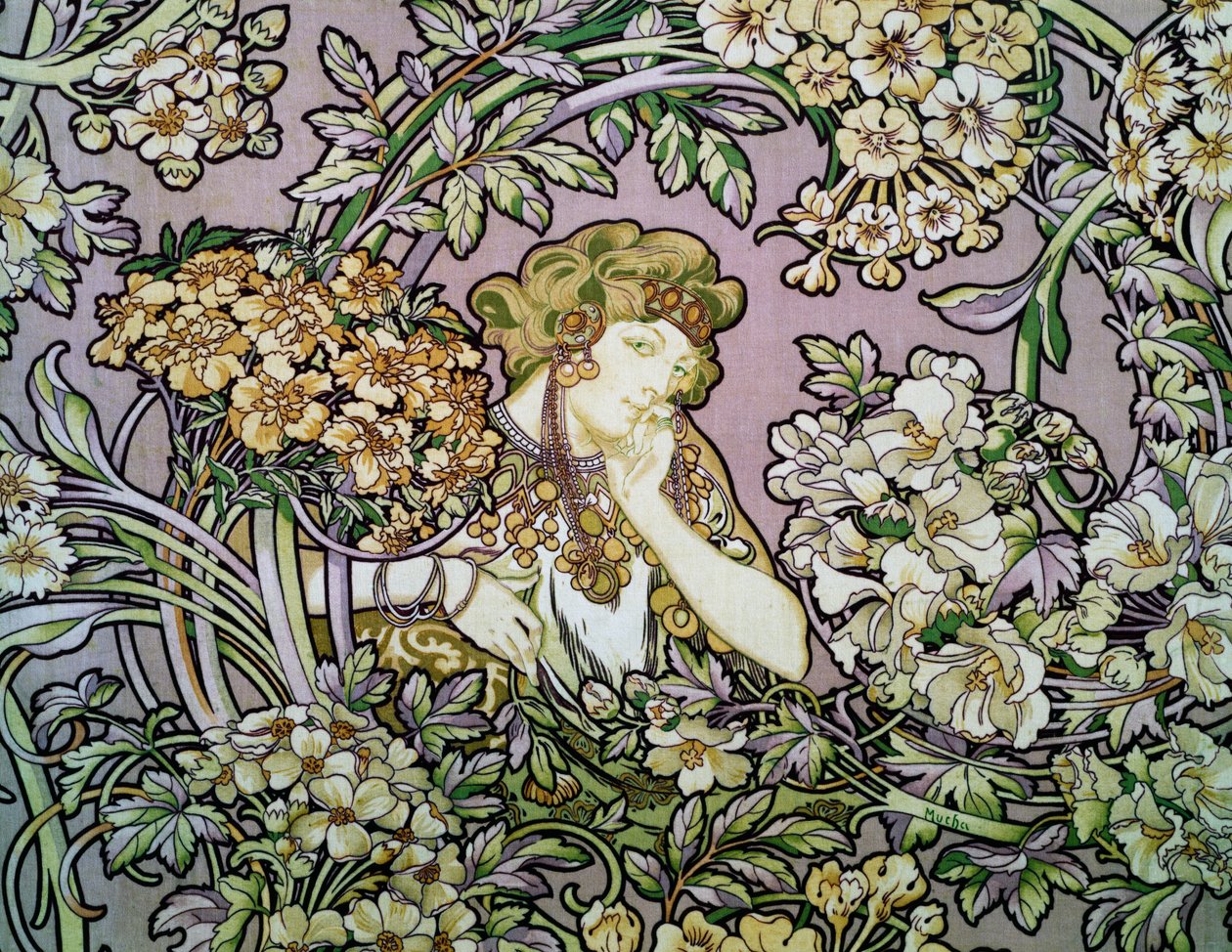 Kobieta wśród kwiatów, ok. 1900 (litografia na jedwabnym aksamicie) autorstwa Alphonse Marie Mucha