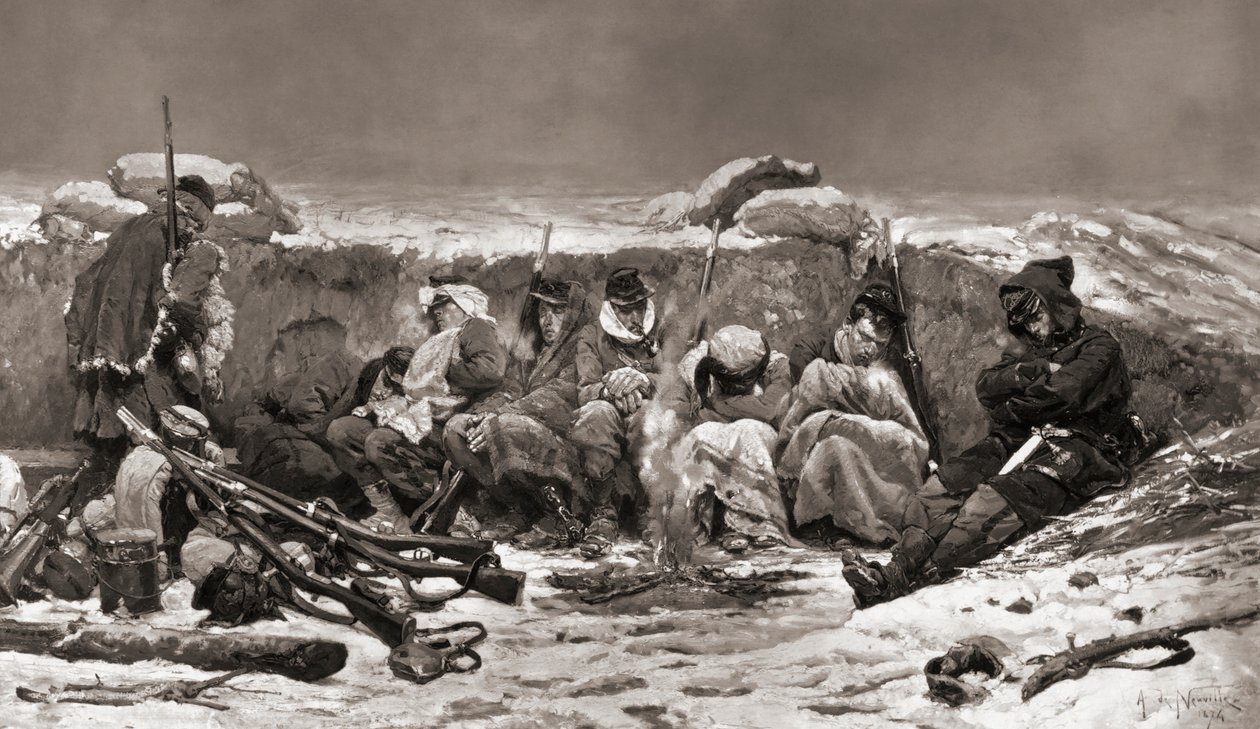 Francuscy żołnierze w okopach. Oblężenie Paryża. Wojna francusko-pruska autorstwa Alphonse Marie de (after) Neuville