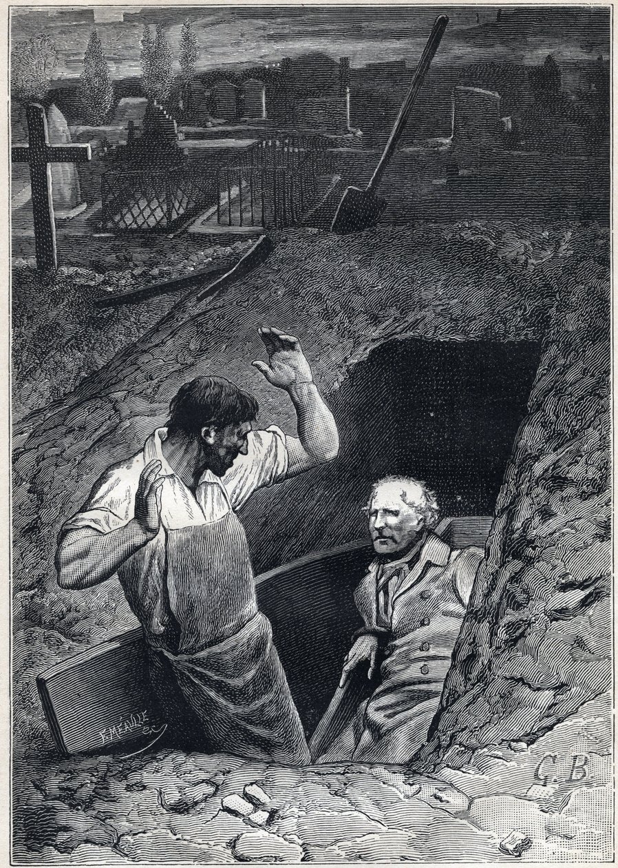 Zmartwychwstanie jest prawie tak przerażające jak śmierć: Fauchelevent i Jean Valjean - Ilustracja Alphonse de Neuville (1836-1885) do „Les miserables - Część druga: Cosette” Victora Hugo (1802-1885) 1862 autorstwa Alphonse Marie de Neuville