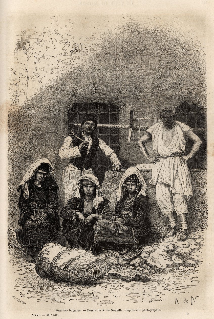 Bułgarscy robotnicy, niedaleko Sofii, grawer według rysunku A. De Neuville, ilustrujący podróż do Bułgarii, Guillaume Lejean, w 1867, opublikowany w „” Le tour du monde”” 1873, red. Edouard Charton, wyd. Hachette, Paryż . Kolekcja Selva autorstwa Alphonse Marie de Neuville