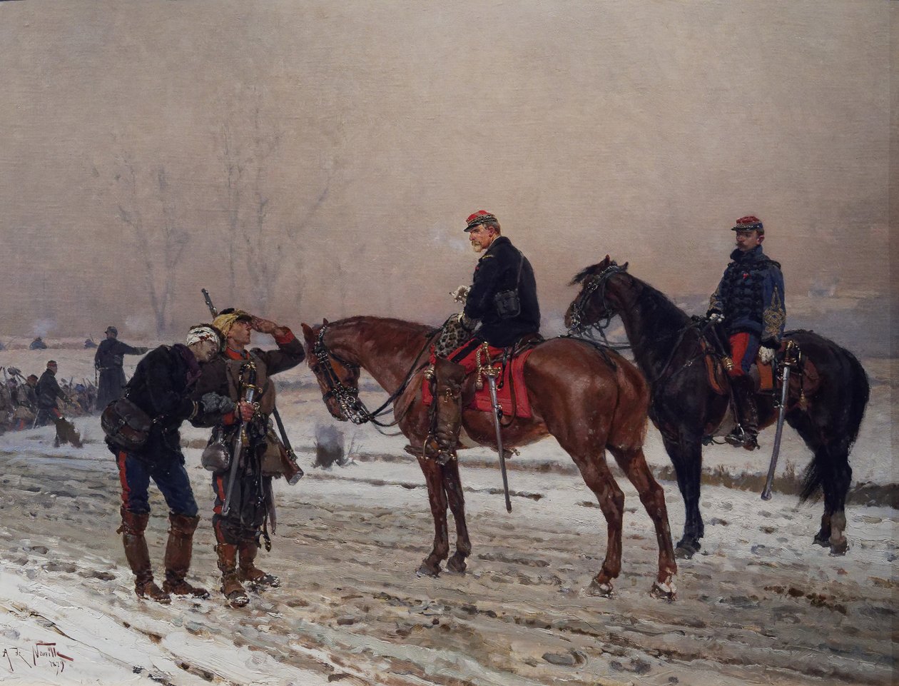 Ogólne przesłuchanie mobilnego strażnika wspierającego rannego oficera, grudzień 1870 r. autorstwa Alphonse Marie de Neuville