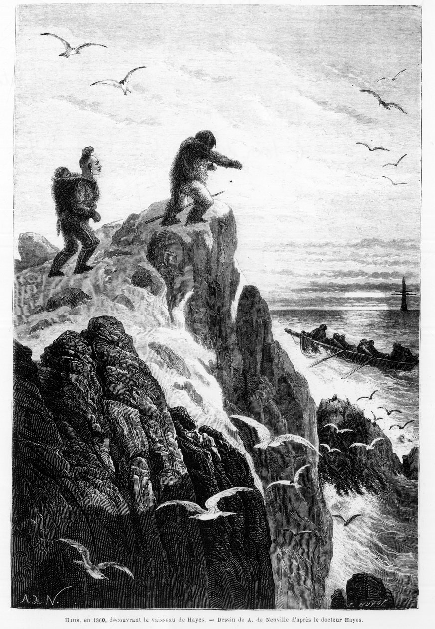 Hans w 1860, odkrywa statek Hayesa - rysunek z Neuville autorstwa dr Hayesa w „Wolne morze bieguna, podróż odkrywcza na morzach arktycznych autorstwa Alphonse Marie de Neuville