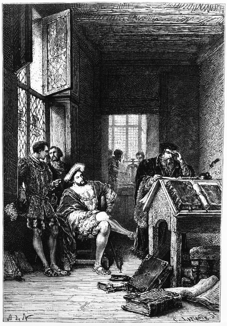 Król Francji Franciszek I w warsztacie Roberta Estienne, grafika wykonana przez C. Laplante, ilustracja z „Historii Francji” Francois Guizot, wydana 1879 autorstwa Alphonse Marie de Neuville