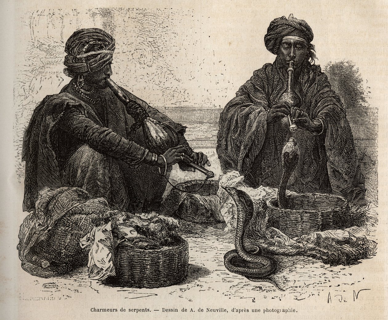 Les charmeurs de serpents, którzy handlują gadami, które zwabiają dmuchając w toumril (flet), grawerowanie według rysunku A. de Neuville, ilustrujące podróż radżów do Indii w latach 1864-1868, wydane przez Louisa Rousseleta w „” Le tour autorstwa Alphonse Marie de Neuville