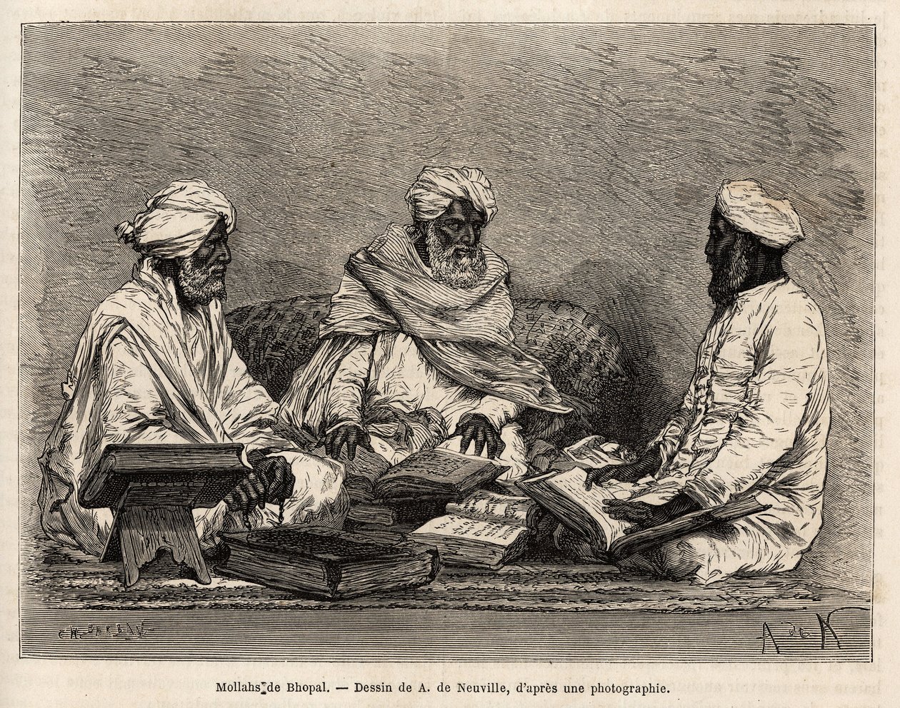 Les mullahs de la mosque de Bhopal, w pełnym omówieniu spornych punktów religii muzułmańskiej, rycina według rysunku A. de Neuville, ilustrująca podróż radżów do Indii w latach 1864-1868, autorstwa Louisa Rousseleta, opublikowana w: „” Le do autorstwa Alphonse Marie de Neuville