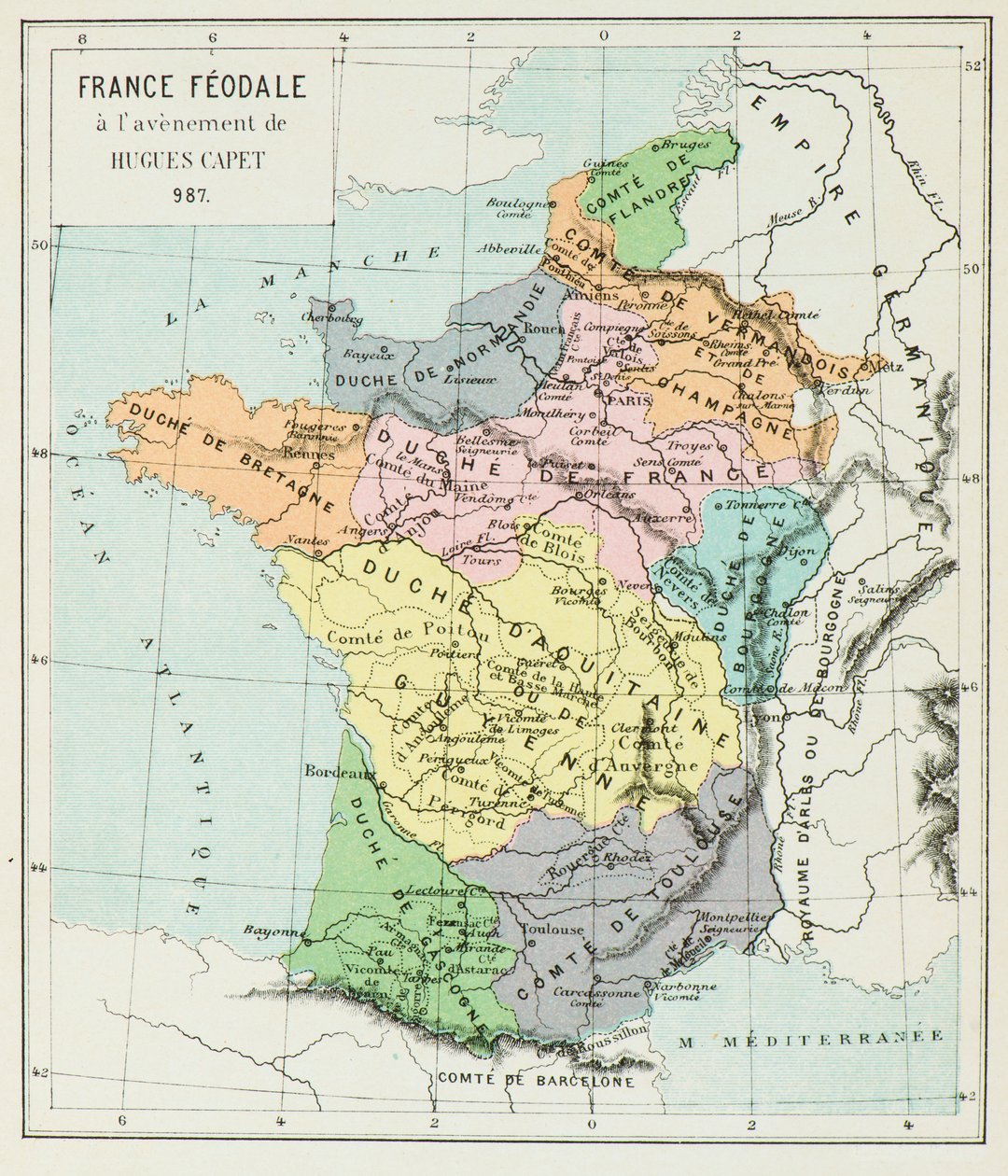 Mapa Francji w 987 roku (rycina) autorstwa Alphonse Marie de Neuville