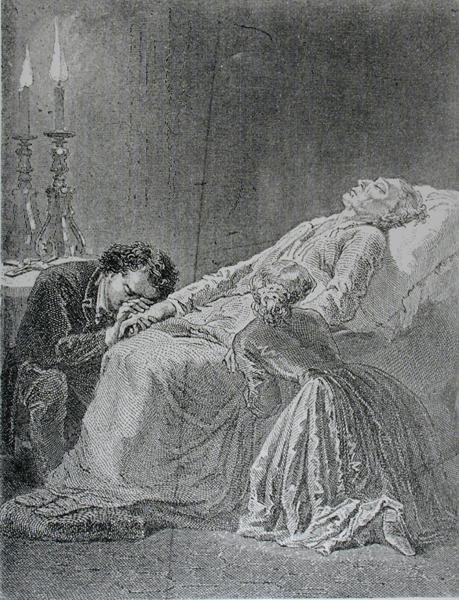 Śmierć Jana Valjeana, ilustracja z Les Miserables autorstwa Victora Hugo (1802-1885) autorstwa Alphonse Marie de after Neuville