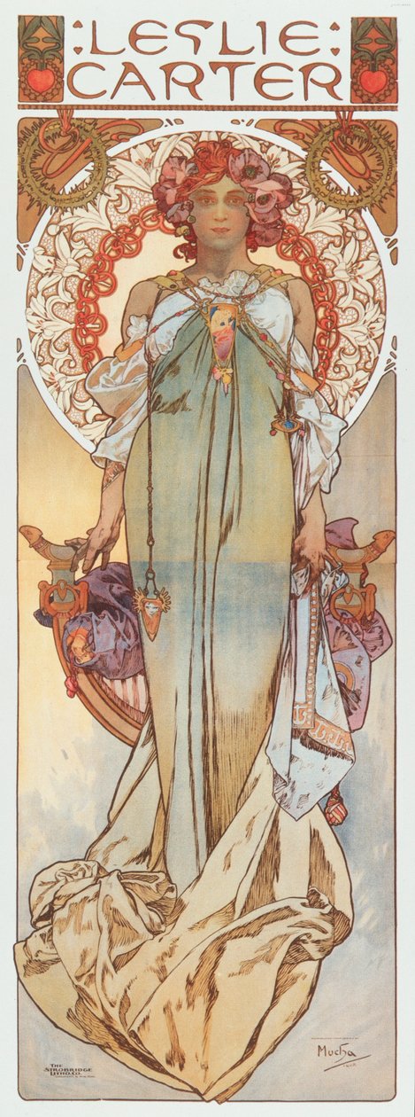 Ilustracja reklamowa Alphonse Mucha przedstawiająca aktorkę teatralną Leslie Carter w jej nowej sztuce „Kassa” - 1908 Wymiary 78x209 cm Kolekcja prywatna autorstwa Alphonse Mucha