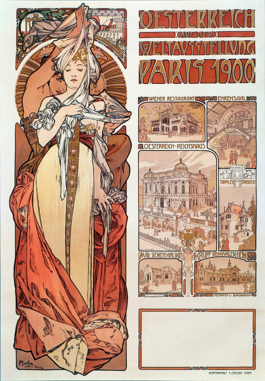 Plakat reklamowy Alphonse Mucha (1860-1939) dla Austrii reprezentowany na Wystawie Światowej w Paryżu 1900 - Dim 68x98,5 cm Plakat reklamowy Alphonse Mucha dla „”Austria”” na Exposit autorstwa Alphonse Mucha