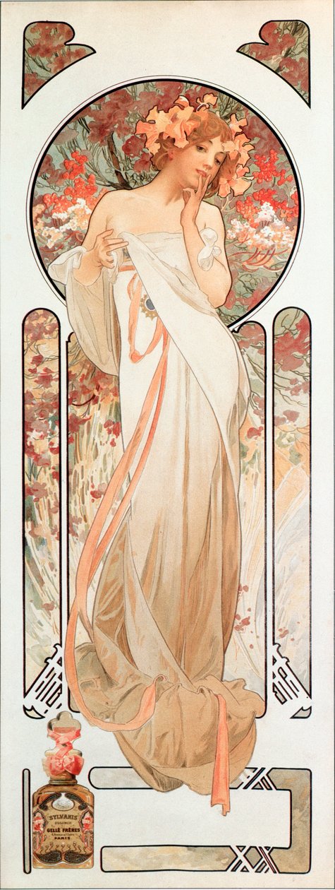 Plakat reklamowy Alphonse Mucha (1860-1939) dla perfum „Sylvanis essence” 1899 - Wymiary 21x61 cm Plakat reklamowy Alphonse Mucha dla perfum „Sylvanis essence” 1899 - Kol.prywatny autorstwa Alphonse Mucha