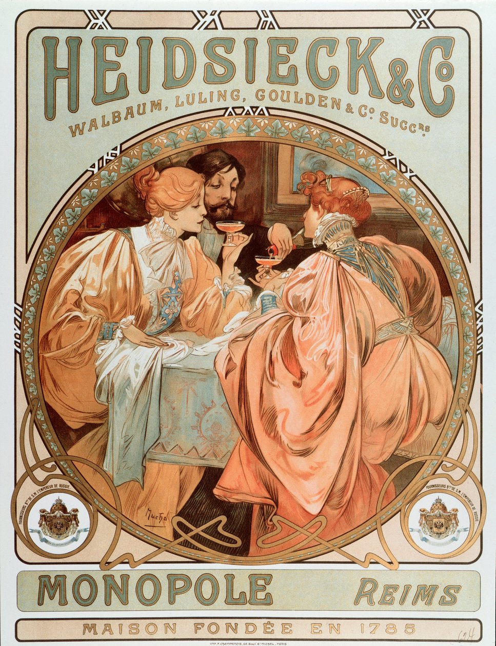 Plakat reklamowy „” Heidsieck and co „” Maison de Champagne Charles Heidsieck, litografia Alphonse Mucha (1860-1939) 1901 - Plakat reklamowy firmy Heidsieck Champagne, 1901 - Słońce 49x autorstwa Alphonse Mucha