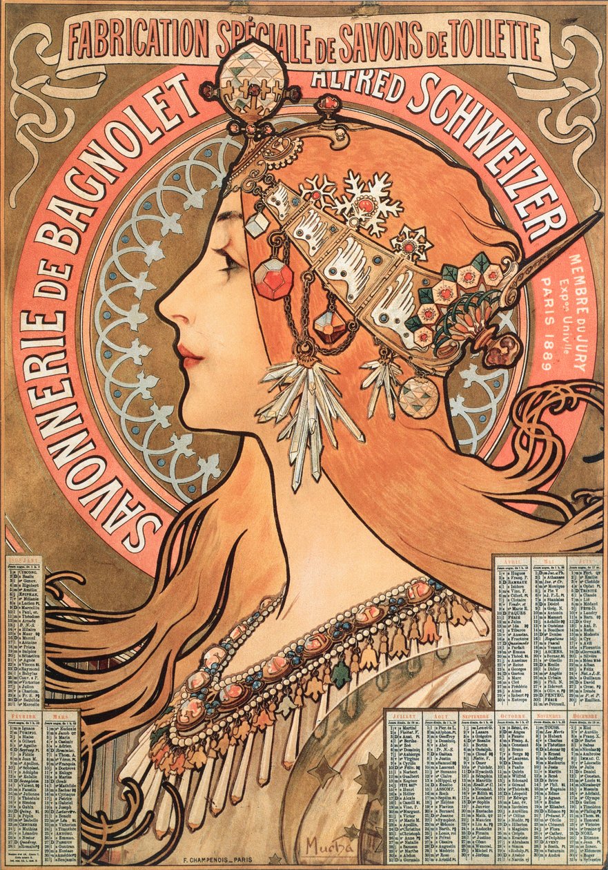 Karta kalendarza roku 1898 dekorator ilustracji reklamowej Alphonse Mucha (1860-1939) dla firmy mydlanej Savonnerie de Bagnolet Alfred Schweizer - Ilustracja reklamowa Alphonsa ( autorstwa Alphonse Mucha