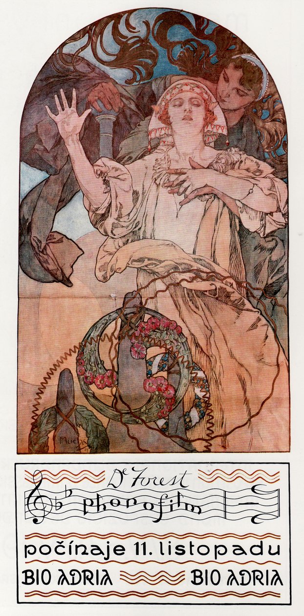 Folia dźwiękowa DeForest. Prezentacja jednego z pierwszych muzycznych filmów dźwiękowych w Adrii w Pradze, 1927 autorstwa Alphonse Mucha