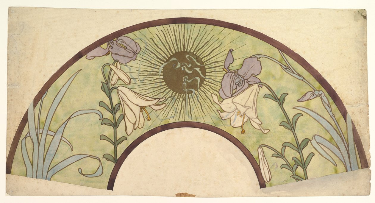 Projekt wachlarza ze słońcem, liliami i irysami, koniec XIX - połowa XX wieku autorstwa Alphonse Mucha
