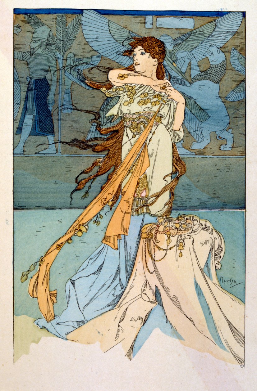 Ilustracja Alfonsa Muchy z „Ramy” poematu Paula Veroli w trzech aktach. ok.1898. Mucha (1860 – 1939). był czeskim malarzem secesyjnym autorstwa Alphonse Mucha