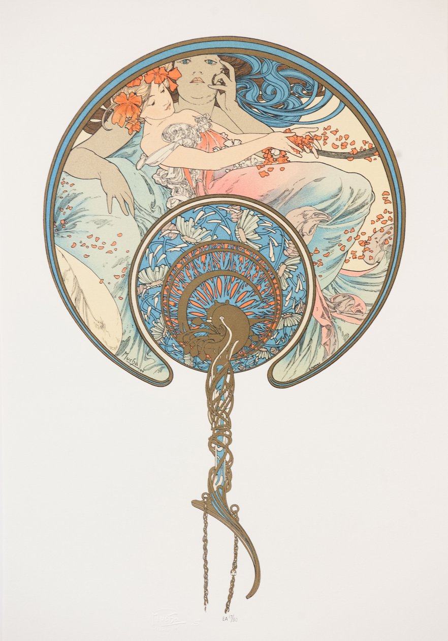 Przemijający wiatr unosi młodzież. Wachlarz, 1899. autorstwa Alphonse Mucha