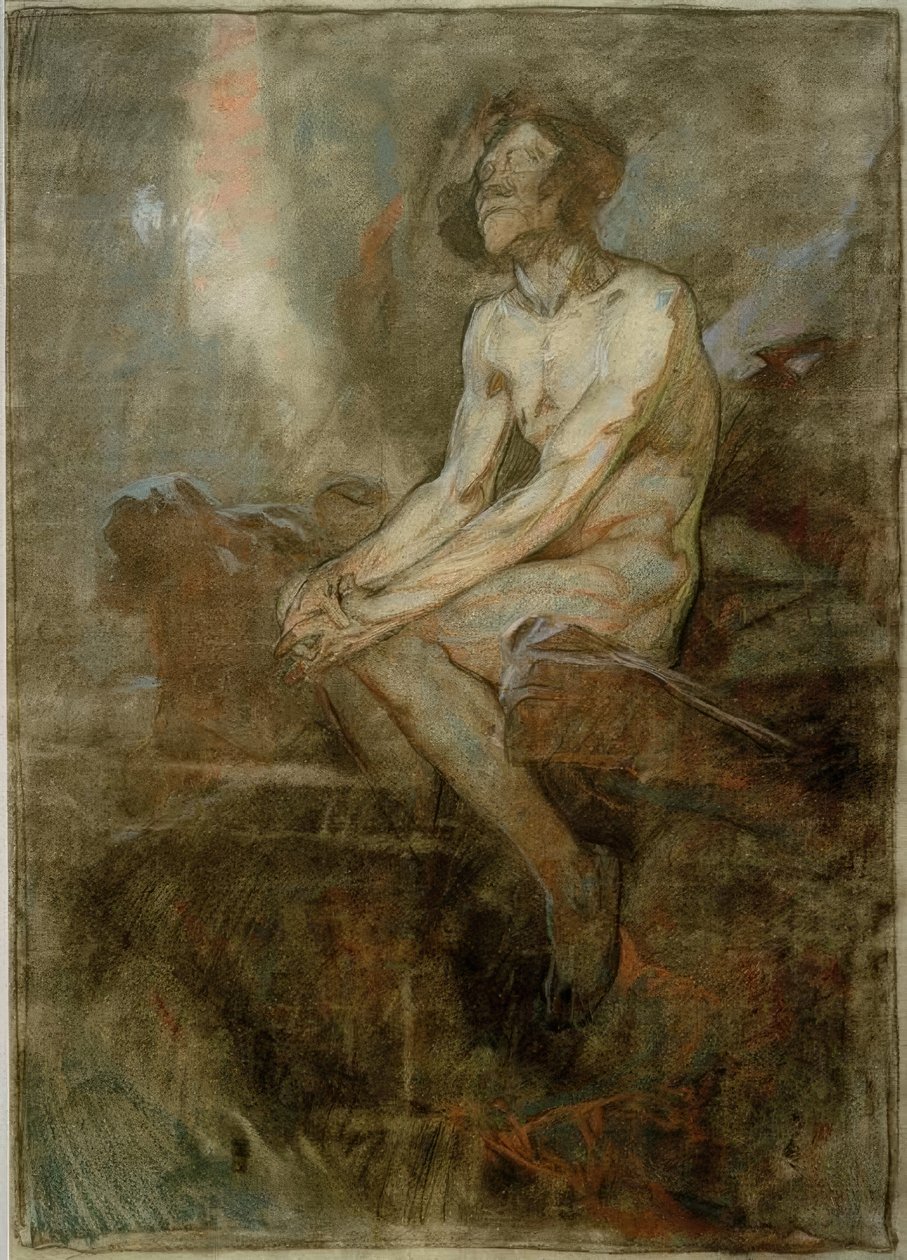 Mężczyzna nago siedzący na skale autorstwa Alphonse Mucha