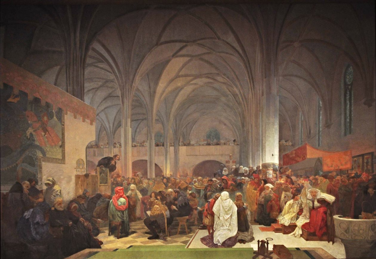 Głoszenie mistrza Jana Husa w kaplicy betlejemskiej Cykl Epopeja słowiańska autorstwa Alphonse Mucha