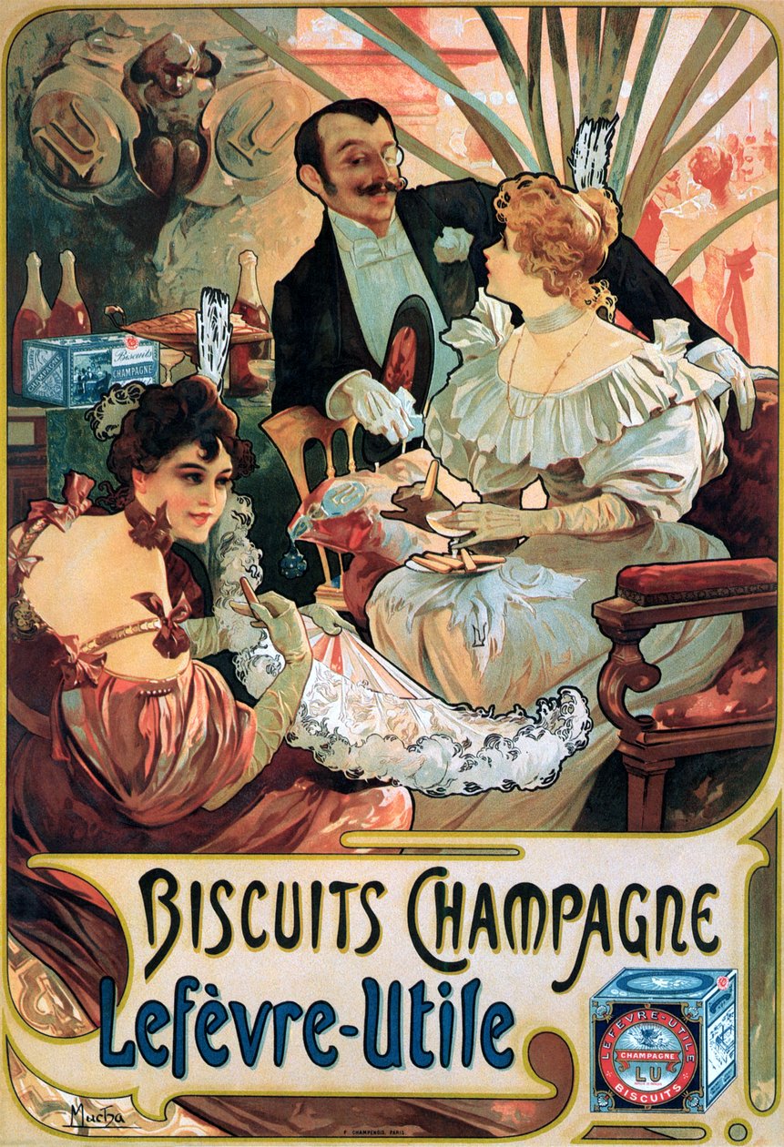 Plakat reklamujący herbatniki Champagne Lefèvre-Utile autorstwa Alphonse Mucha