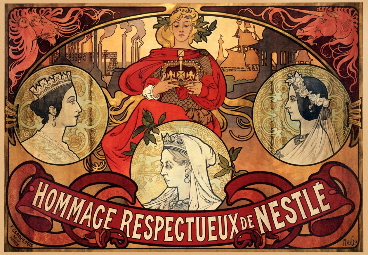 Plakat reklamujący Nestlé, hołd dla Diamentowego Jubileuszu Królowej Wiktorii, 1897 autorstwa Alphonse Mucha