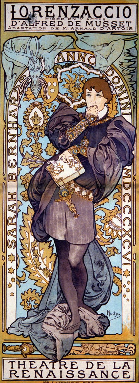 Plakat do Lorenzaccio Alfred de Musset, z Sarah Bernhardt, Paryż, 1896 autorstwa Alphonse Mucha