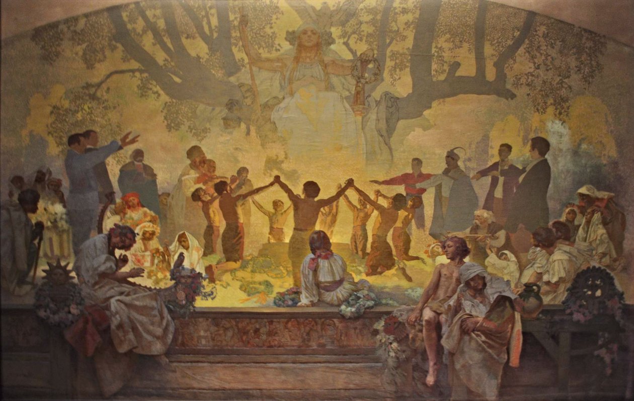 Przysięga Omladiny pod słowiańską lipą Cykl Epopeja słowiańska autorstwa Alphonse Mucha