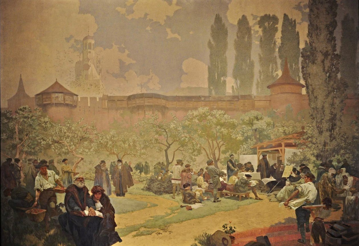 Druk Biblii z Kralic w Ivancicach Cykl Epos słowiański autorstwa Alphonse Mucha
