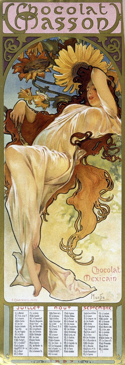 Kobieta w jesiennym nastroju - by Mucha, kalendarz „”Chocolat Mexicain Chocolat Masson”, lipiec, sierpień, wrzesień 1897. autorstwa Alphonse Mucha